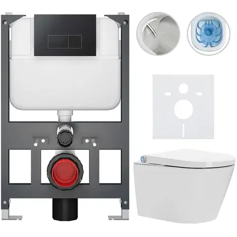Záchody CERANO - Závesné WC s bidetom Basic/Cronus Standard - biela lesklá - WC tlačidlo Modulo/Čierna - závesné - nízky modul - predstenová inštalácia - 59,3x38,4 CER-8050BD86459