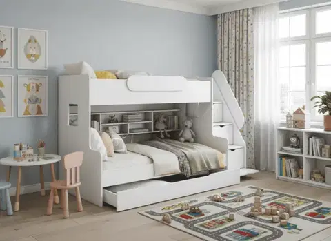 Detské postele ArtBed Detská poschodová posteľ SEGAN s roštom a úložným priestorom | biela 120 x 200 cm