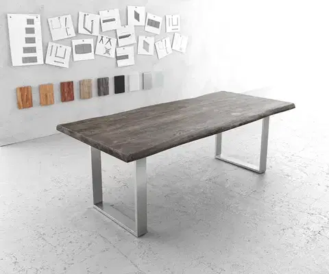 Jedálenské stoly DELIFE Jedálenský stôl Edge 220x100 cm XL akácia platinová nerezová oceľ úzky Live-Edge