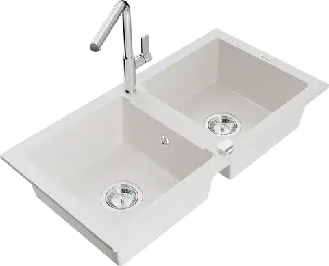 Kuchynské drezy MEXEN/S MEXEN/S - Mario granitový drez 2-bowl vrátane batérie Flora, biela 6504-20-670401-00