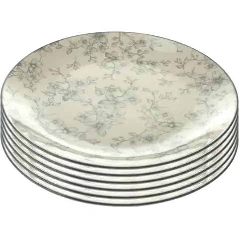 Taniere Súprava 6 plytkých tanierov Nežné kvety 26 cm, sivá
