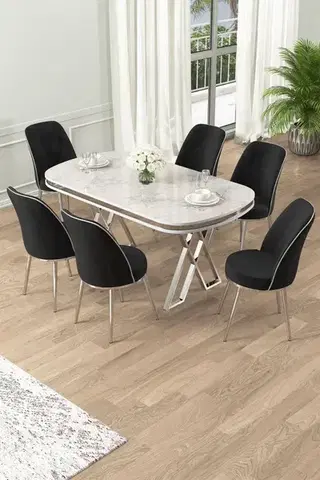 Jedálenské sety Dining Table & Chairs Set (7 Pieces) Lai - White, Chrome, Black