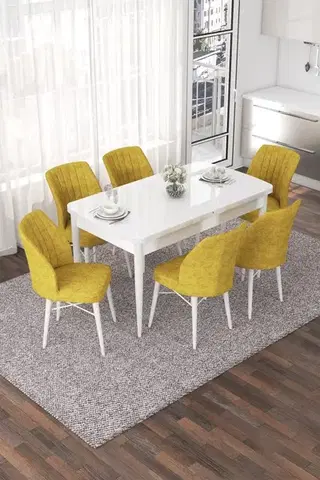 Jedálenské sety Extendable Dining Table & Chairs Set (7 Pieces) Nef - White, Mustard