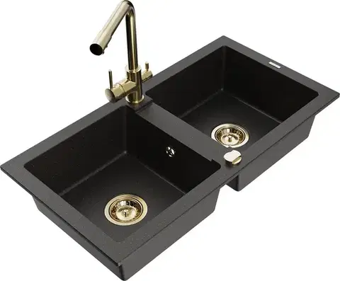 Kuchynské drezy MEXEN/S MEXEN/S - Mario granitový drez 2-bowl vrátane batérie Duero, čierna/zlatá metalik 6504-75-671600-50