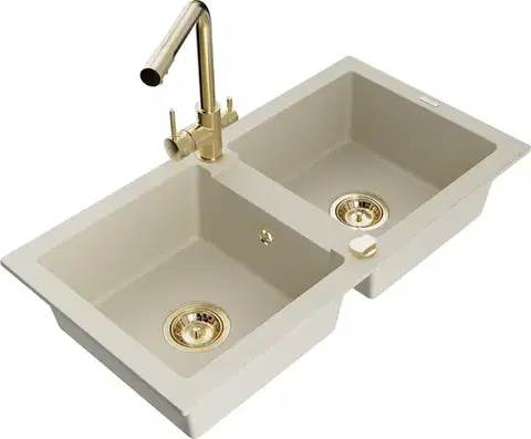 Kuchynské drezy MEXEN/S MEXEN/S - Mario granitový drez 2-bowl vrátane batérie Duero, béžová 6504-69-671600-50