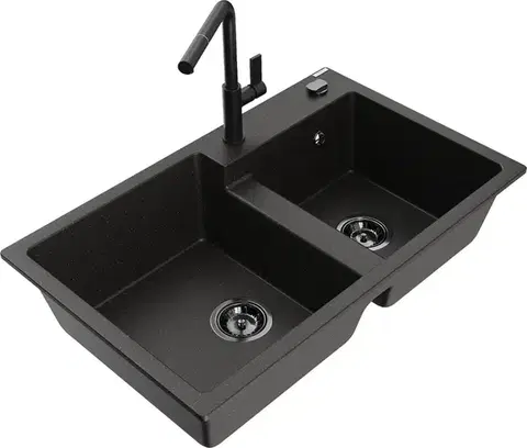 Kuchynské drezy MEXEN/S MEXEN/S - Tomas granitový drez 2-bowl vrátane batérie Flora, čierna/zlatá metalik 6516-75-670401-70-B
