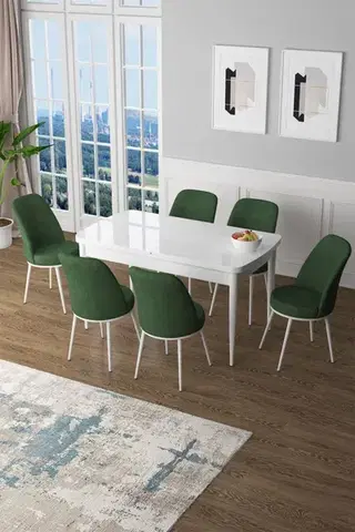Jedálenské sety Extendable Dining Table & Chairs Set (7 Pieces) Zen - White, Khaki
