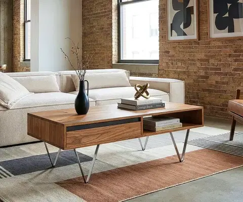 Konferenčné stolíky DELIFE Konferenčný stolík Stonegrace 115x60x35 cm akácia prírodná bridlica 2 zásuvky 1 priehradka