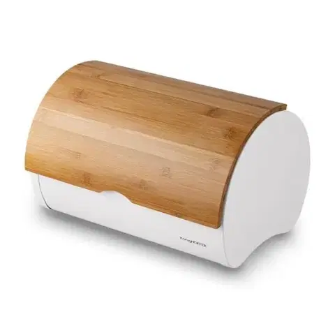 Dózy na potraviny Kinekus Chlebník nerezový 34x24,5x21cm biely + bambus