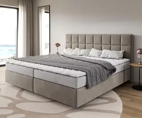 Postele Boxspring DELIFE Boxspring posteľ Dream-Fine mikrovlákno béžová 200x200 cm bonellový matrac topper