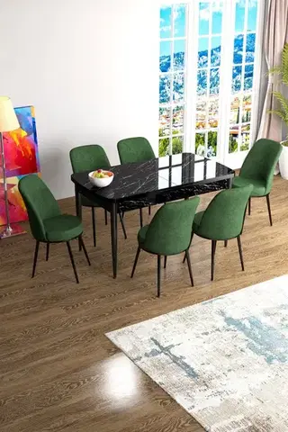Jedálenské sety Extendable Dining Table & Chairs Set (7 Pieces) Han - Black Marble, Khaki