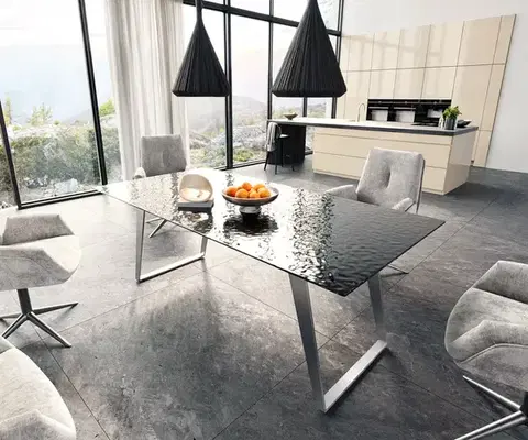 Jedálenské stoly DELIFE Jedálenský stôl Edge 200x100 reliéfne sklo dymovo čierna 3D dizajn nerezová oceľ skosený