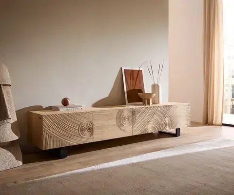 Televízne stolíky DELIFE TV stolík Ashara 220 cm dub prírodný 3D efekt 4 dvierka kovová podstava čierna