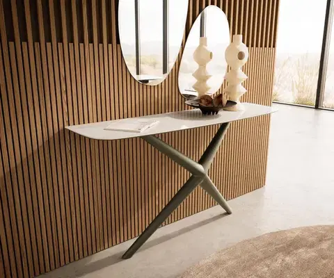 Konzolové stolíky DELIFE Konzolový stolík Edge zaoblený 140×40 cm keramika onyx šampanské Estelo kov titánová farba