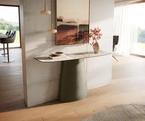 Konzolové stolíky DELIFE Konzolový stolík Edge zaoblený 140×40 cm keramika Minas Melange bielo-béžová Conos kov titánová farba