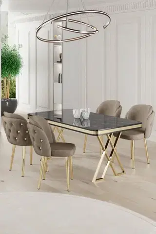 Jedálenské sety Dining Table & Chairs Set (5 Pieces) Rigel - Black Marble, Gold, Cappuccino