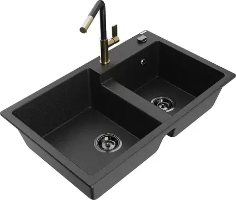 Kuchynské drezy MEXEN/S MEXEN/S - Tomas granitový drez 2-bowl vrátane batérie Flora, čierna/srebrny metalik 6516-73-670401-57-B