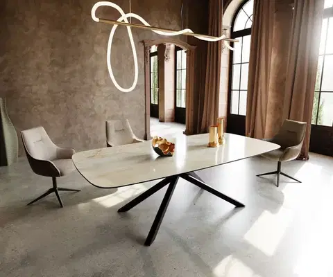 Jedálenské stoly DELIFE Jedálenský stôl Edge zaoblený 240x120 cm keramika Iris FMG Onice Oro krížová podstava obdĺžnik čierna