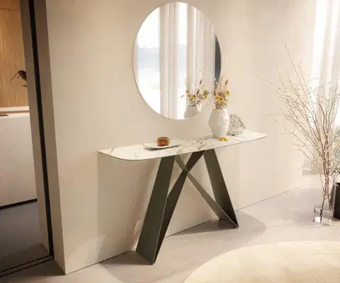 Konzolové stolíky DELIFE Konzolový stolík Edge zaoblený tvar 140×40 cm keramika Calacatta Luxe bielo-zlato-šedá Velio kov titánová farba
