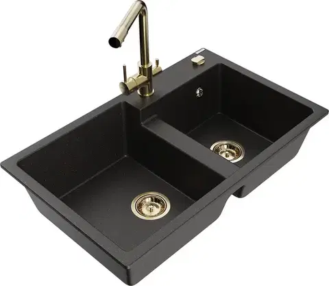 Kuchynské drezy MEXEN/S MEXEN/S - Tomas granitový drez 2-bowl vrátane batérie Duero, čierna/zlatá metalik 6516-75-671600-50