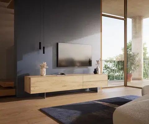 Televízne stolíky DELIFE TV stolík Cuor 220 cm keramika Laminam® Sabbia dubová farba 1 výklopné dvierka 2 zásuvky podstava závesná nerezová oceľ