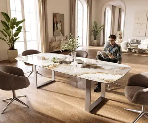 Jedálenské stoly DELIFE Jedálenský stôl Edge zaoblený tvar 260×120 cm keramika Minas Melange bielo-béžová nerezová oceľ úzky