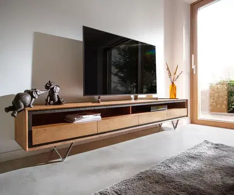 Televízne stolíky DELIFE TV stolík Stonegrace 240 cm akácia prírodná 2 priehradky 4 zásuvky kamenná dyha podstava v tvare V
