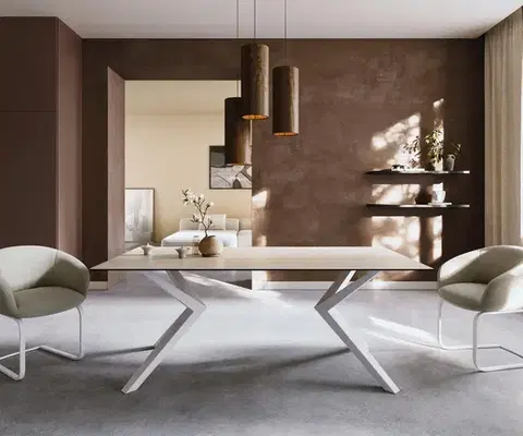 Jedálenské stoly DELIFE Jedálenský stôl Edge 200x100 keramika Laminam® Travertino Bianco bielo-krémová Zenthara hranatý kov biela