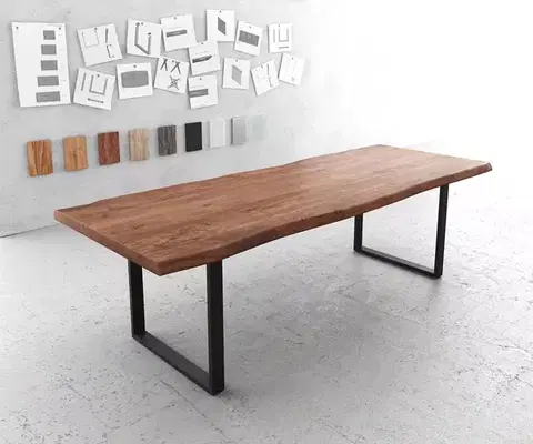 Jedálenské stoly DELIFE Jedálenský stôl Edge 260x100 XL akácia hnedá kov čierna Live-Edge