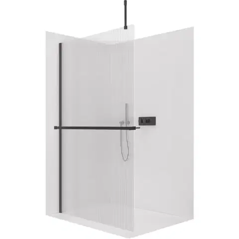 Držadlá k vani CERANO - Sprchová zástěna Walk-in Onyx Top Cube L/P - 8 mm - hranatá vzpěra + polička/držák na ručníky - černá matná, rýhované sklo - 90x200  CER-8050BD7142