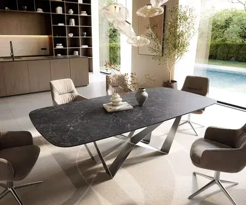 Jedálenské stoly DELIFE Jedálenský stôl Edge zaoblený 240×120 cm keramika Laminam® Nero Greco antracitová pavúk plochá oceľ nerezová oceľ