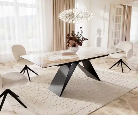 Jedálenské stoly DELIFE Jedálenský stôl Edge 180-220x100 keramika Minas melange bielo-béžová podstava v tvare V plochá oceľ čierna rozkladací