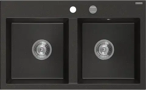Kuchynské drezy MEXEN MEXEN - Hektor granitový drez 2-bowl 800 x 480 mm, čierna/zlatá metalik, sifón chróm 6521802000-75