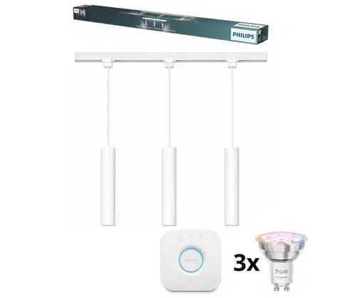 Svietidlá Philips LED stmievateľný luster na lankách v lište, systém EASYLINK HUE, 3× GU10 / 4,7 W / 230 V + Hue Bridge P7615+3xP7029+P1408