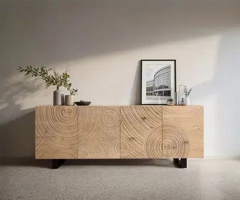 Komody DELIFE Komoda Ashara 200 cm dub prírodná 3D efekt 4 dvierka kovová podstava čierna