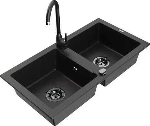 Kuchynské drezy MEXEN/S MEXEN/S - Mario granitový drez 2-bowl vrátane batérie Telma, čierna/zlatá 6504-75-670200-70-B