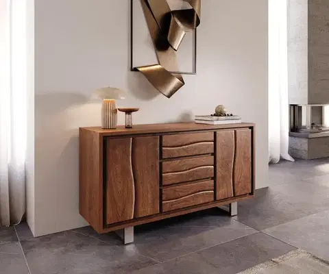 Komody DELIFE Komoda Live-Edge 147 cm akácia hnedá 3 zásuvky 2 dvierka