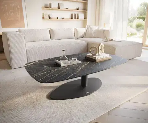 Konferenčné stolíky DELIFE Konferenčný stolík Edge zaoblený 120x70 cm keramika Laminam® Noir Desir hnedá Vibany kov čierna