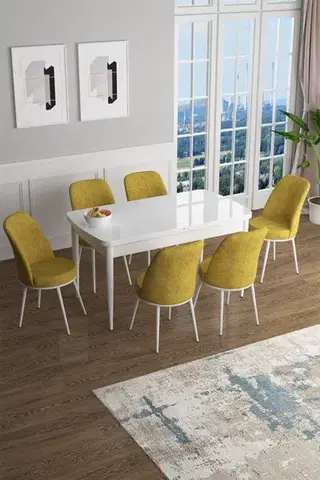 Jedálenské sety Extendable Dining Table & Chairs Set (7 Pieces) Han - White, Mustard