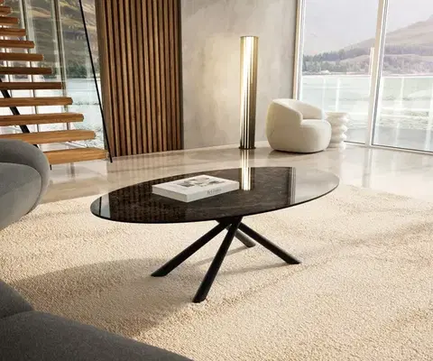 Konferenčné stolíky DELIFE Konferenčný stolík Edge oválny 140x80 cm keramika Laminam® Emperador Extra Lucidato tmavohnedá Sarity kov čierna