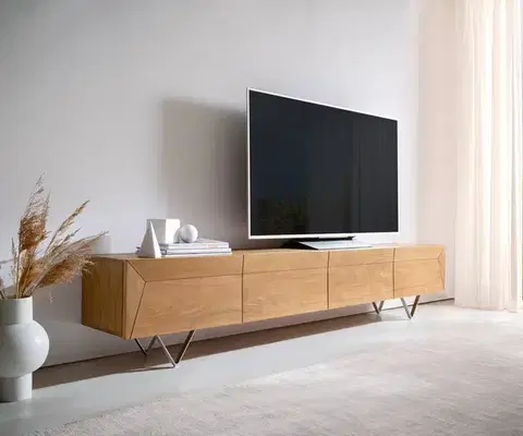 Televízne stolíky DELIFE TV stolík Kayu 220 cm akácia prírodná 4 dvierka podstava v tvare V