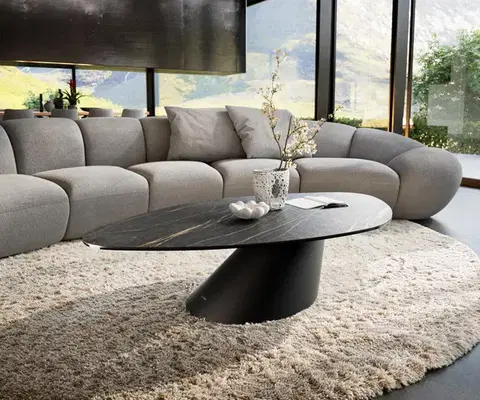 Konferenčné stolíky DELIFE Konferenčný stolík Edge organický 140x76 cm keramika Laminam® Noir Desir hnedá Conis kov čierna