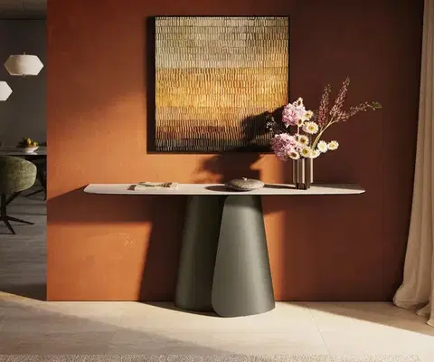 Konzolové stolíky DELIFE Konzolový stolík Edge zaoblený tvar 180×40 cm keramika Laminam® Travertino Bianco krémovo biela Livos kov titánová farba efekt