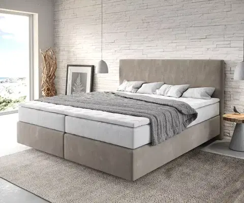 Postele Boxspring DELIFE Boxspring posteľ Dream-Well 180×200 cm mikrovlákno béžová s vreckovou pružinovou matracou a visco topperom