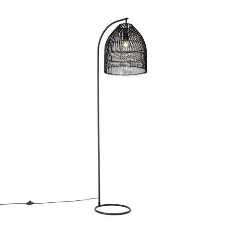 Stojace lampy Rustikálna stojaca lampa čierna s ratanom - Sam