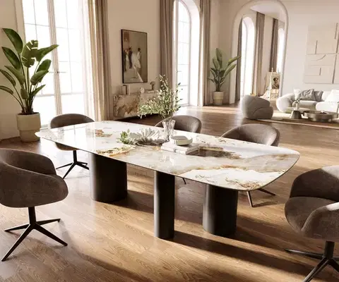Jedálenské stoly DELIFE Jedálenský stôl Edge zaoblený tvar 260×120 cm keramika Minas Melange bielo-béžová Troa kov čierna