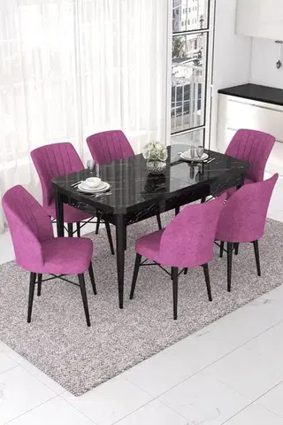 Jedálenské sety Extendable Dining Table & Chairs Set (7 Pieces) Nef - Black Marble, Purple