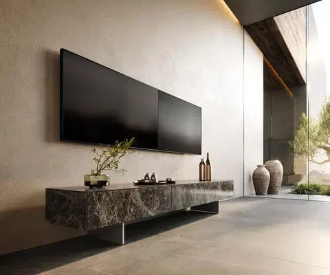 Televízne stolíky DELIFE TV stolík Cuor 200 cm keramika emperador extra leštený tmavohnedá 1 výklopné dvierka 1 zásuvka podstava závesná nerezová oceľ