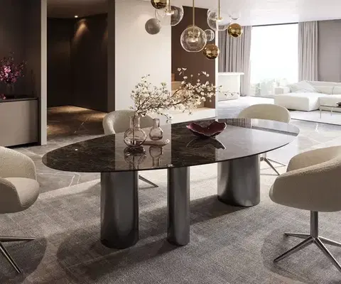 Jedálenské stoly DELIFE Jedálenský stôl Edge oválny 280x130 keramika Laminam®Emperador Extra Lucidato tmavohnedá Troa nerezová oceľ grafitová