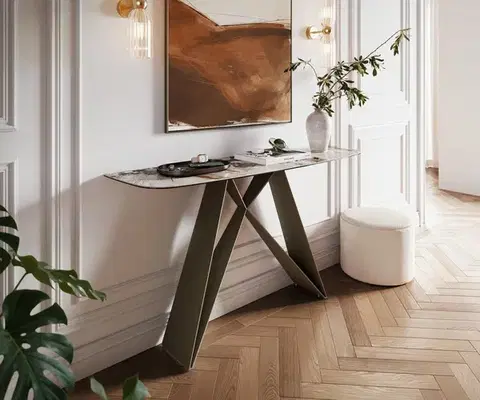 Konzolové stolíky DELIFE Konzolový stolík Edge zaoblený 140×40 cm keramika Patagonia leštený Velio kov titánová farba